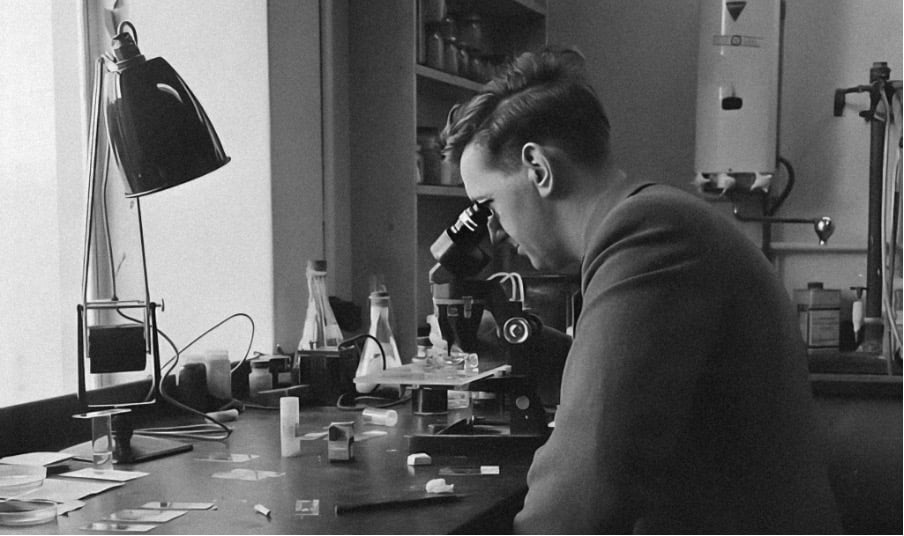 A focused inventor looking through a microscope in a lab.