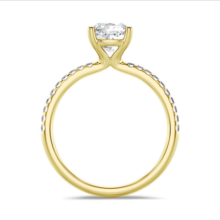 1.20 karaat solitaire ring met een lab grown cushion diamant in geel goud met lab grown zijdiamanten