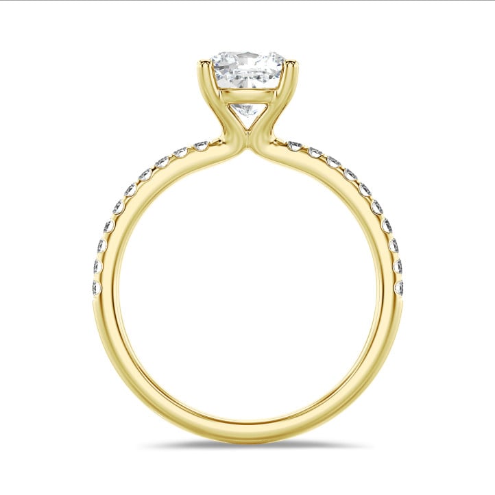 2.00 karaat solitaire ring met een lab grown cushion diamant in geel goud met lab grown zijdiamanten