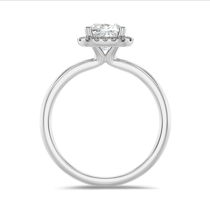 2.00 karaat halo solitaire ring met een lab grown cushion diamant in wit goud met ronde lab grown diamanten