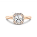3.00 karaat halo solitaire ring met een cushion diamant in rood goud met ronde diamanten