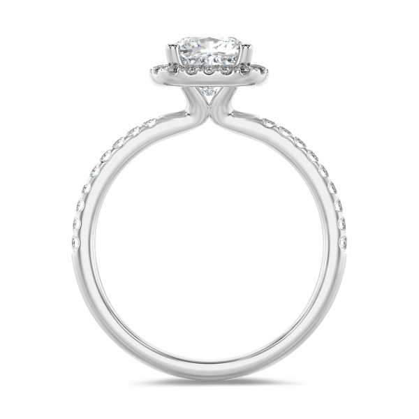 3.00 karaat halo solitaire ring met een lab grown cushion diamant in wit goud met ronde lab grown diamanten