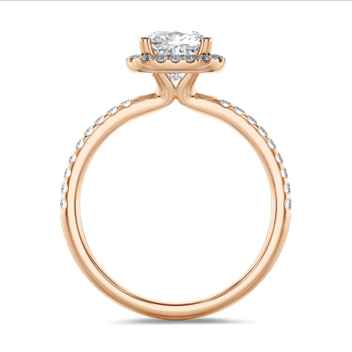 2.00 karaat halo solitaire ring met een lab grown cushion diamant in rood goud met ronde lab grown diamanten