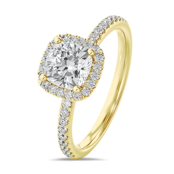 Search all PLP - 2.00 karaat halo solitaire ring met een lab grown cushion diamant in geel goud met ronde lab grown diamanten