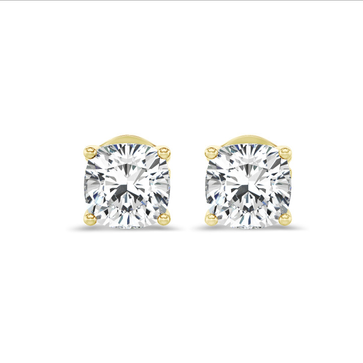 3.00 karaat solitaire oorbellen in geel goud met cushion diamanten