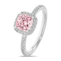 2.00 karaat halo solitaire ring met een roze cushion diamant in wit goud met ronde diamanten
