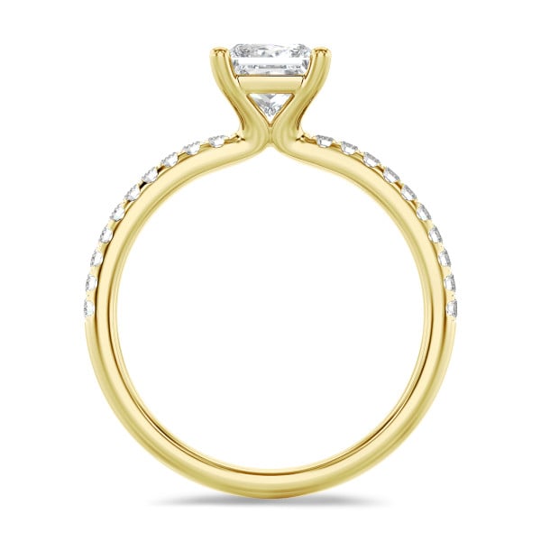 Ringen - 1.00 karaat solitaire ring met een princess diamant in geel goud met zijdiamanten
