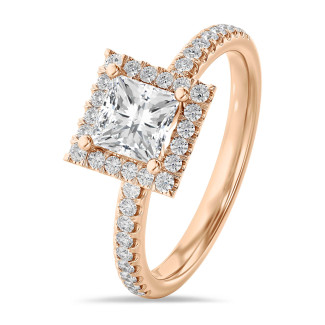 2.00 karaat halo solitaire ring met een lab grown princess diamant in rood goud met ronde lab grown diamanten