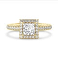 1.50 karaat halo solitaire ring met een lab grown princess diamant in geel goud met ronde lab grown diamanten