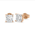2.00 karaat solitaire oorbellen in rood goud met lab grown princess diamanten