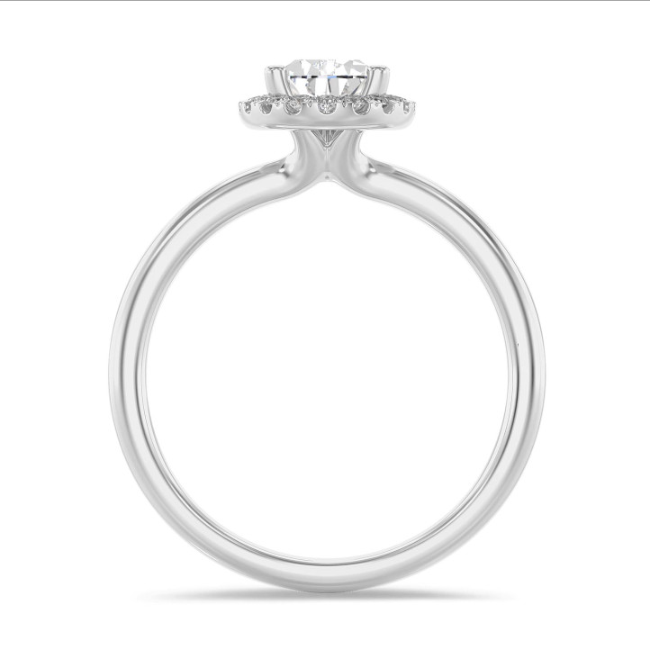 1.00 karaat halo solitaire ring met peervormige lab grown diamant in wit goud met ronde lab grown diamanten