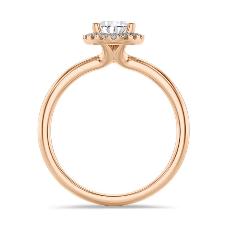 2.00 karaat halo solitaire ring met peervormige lab grown diamant in rood goud met ronde lab grown diamanten