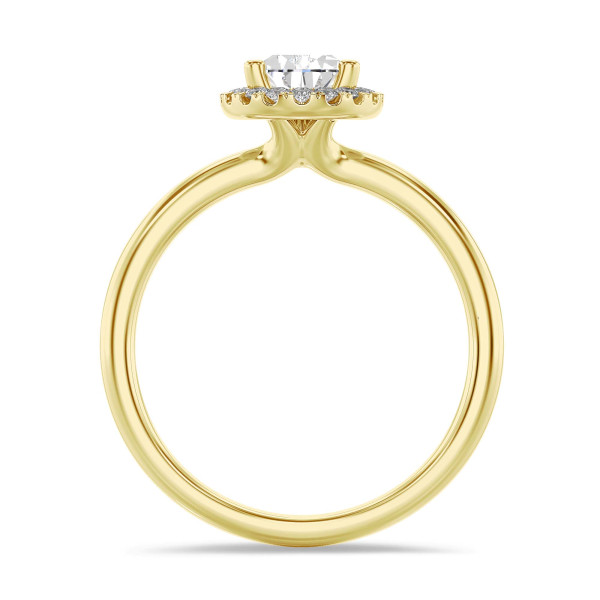 1.50 karaat halo solitaire ring met peervormige lab grown diamant in geel goud met ronde lab grown diamanten