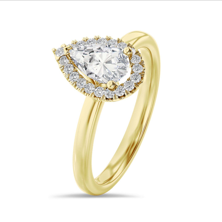 2.50 karaat halo solitaire ring met peervormige lab grown diamant in geel goud met ronde lab grown diamanten