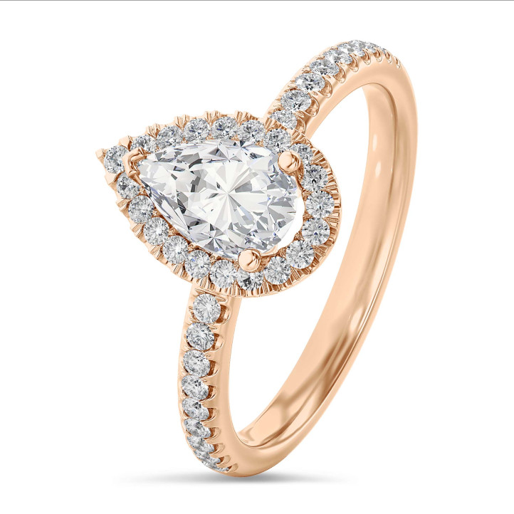 2.00 karaat halo solitaire ring met peervormige lab grown diamant in rood goud met ronde lab grown diamanten