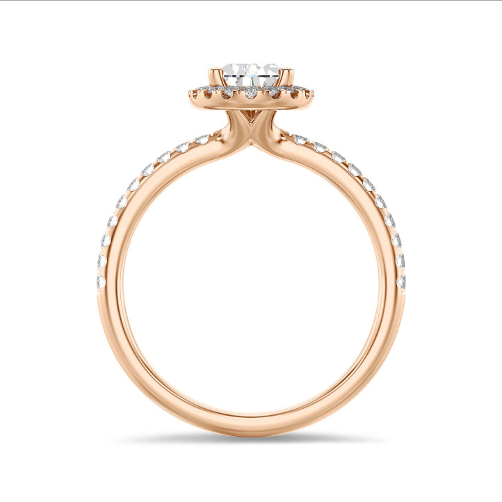 2.50 karaat halo solitaire ring met peervormige diamant in rood goud met ronde diamanten