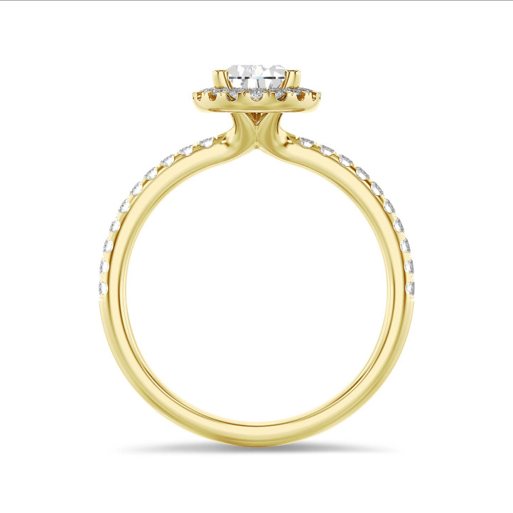 1.00 karaat halo solitaire ring met peervormige diamant in geel goud met ronde diamanten