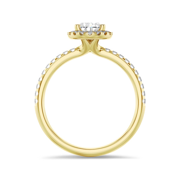 1.50 karaat halo solitaire ring met peervormige lab grown diamant in geel goud met ronde lab grown diamanten
