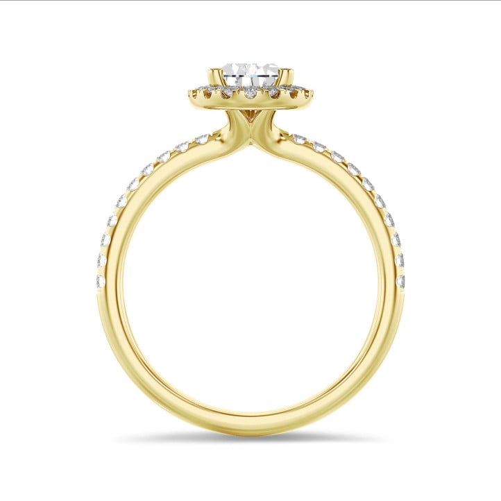 1.50 karaat halo solitaire ring met peervormige lab grown diamant in geel goud met ronde lab grown diamanten