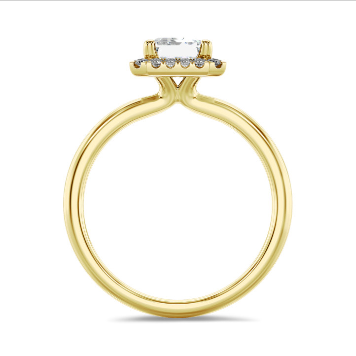1.00 karaat halo solitaire ring met een lab grown emerald cut diamant in geel goud met ronde lab grown diamanten