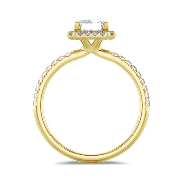 Ringen - 1.00 karaat halo solitaire ring met een lab grown emerald cut diamant in geel goud met ronde lab grown diamanten
