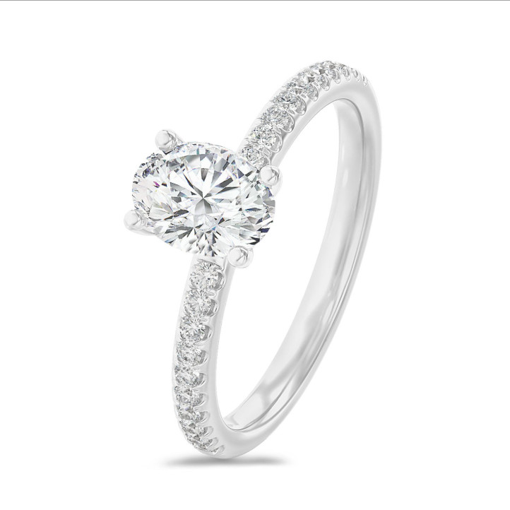 2.00 karaat solitaire ring met een ovale lab grown diamant in wit goud met lab grown zijdiamanten
