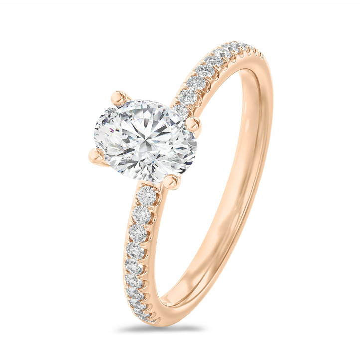 1.00 karaat solitaire ring met een ovale diamant in rood goud met zijdiamanten