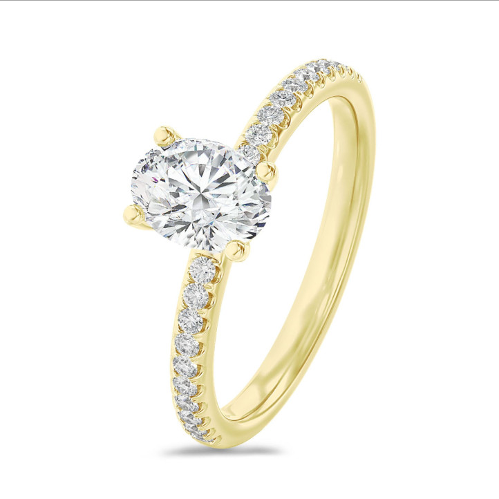 1.00 karaat solitaire ring met een ovale lab grown diamant in geel goud met lab grown zijdiamanten