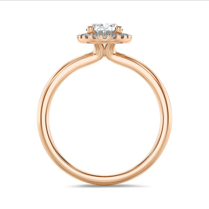 1.50 karaat halo solitaire ring met een ovale lab grown diamant in rood goud met ronde lab grown diamanten