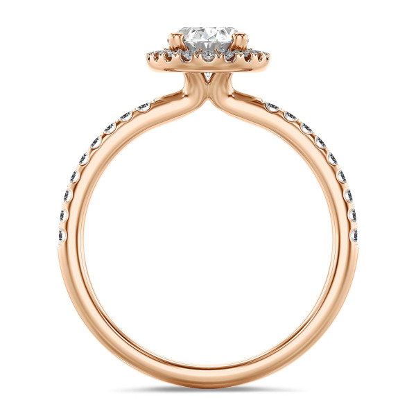 1.00 karaat halo solitaire ring met een ovale lab grown diamant in rood goud met ronde lab grown diamanten