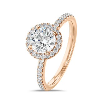 1.20 karaat halo solitaire ring in rood goud met ronde lab grown diamanten