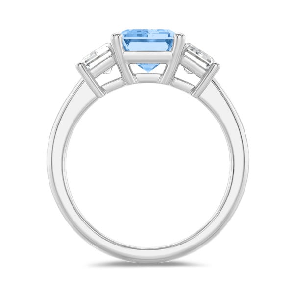Verlovingsringen - 4.40 karaat trilogie ring in witgoud met een blauwe lab grown emerald cut diamant en witte lab grown emerald cut diamanten
