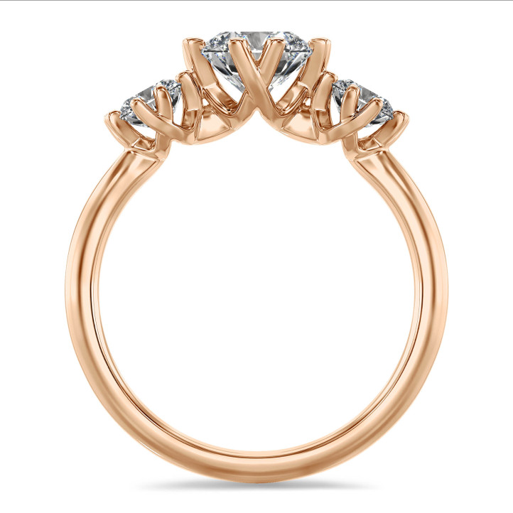1.60 karaat trilogie ring in roodgoud met ronde lab grown diamanten
