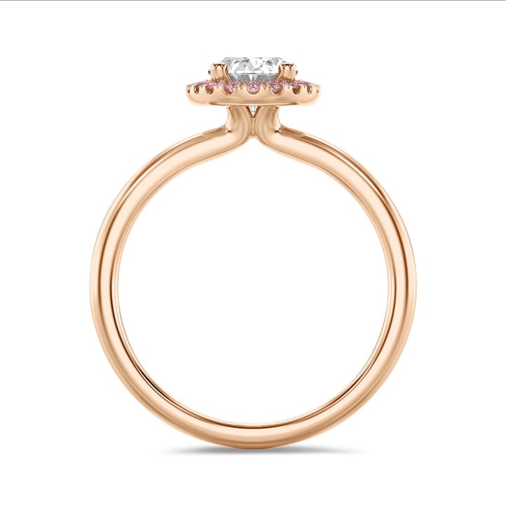 3.00 karaat halo solitaire ring met een ovale lab grown diamant in rood goud met ronde roze lab grown diamanten