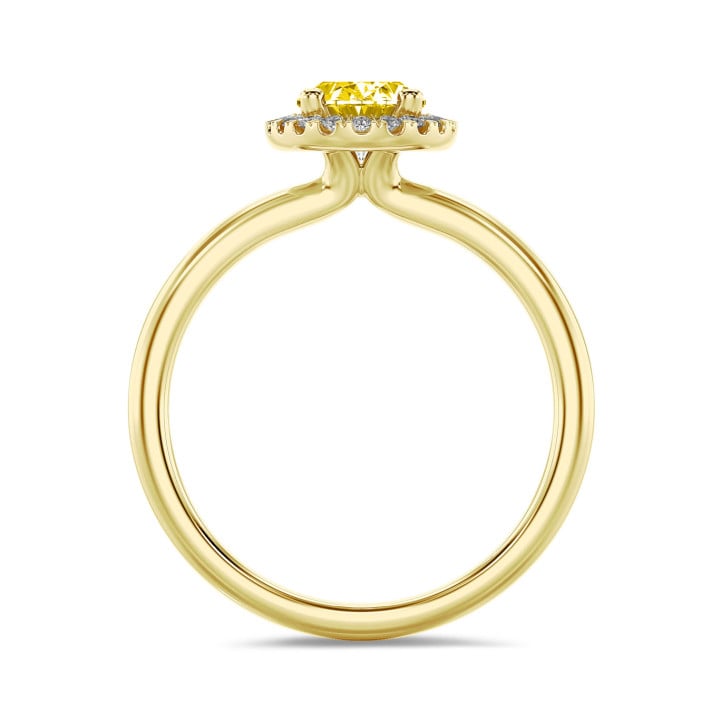 1.00 karaat halo solitaire ring in geel goud met gele ovale diamant en ronde diamanten