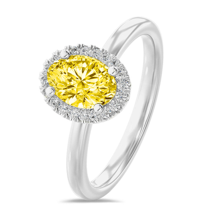 1.00 karaat halo solitaire ring in wit goud met gele ovale diamant en ronde diamanten