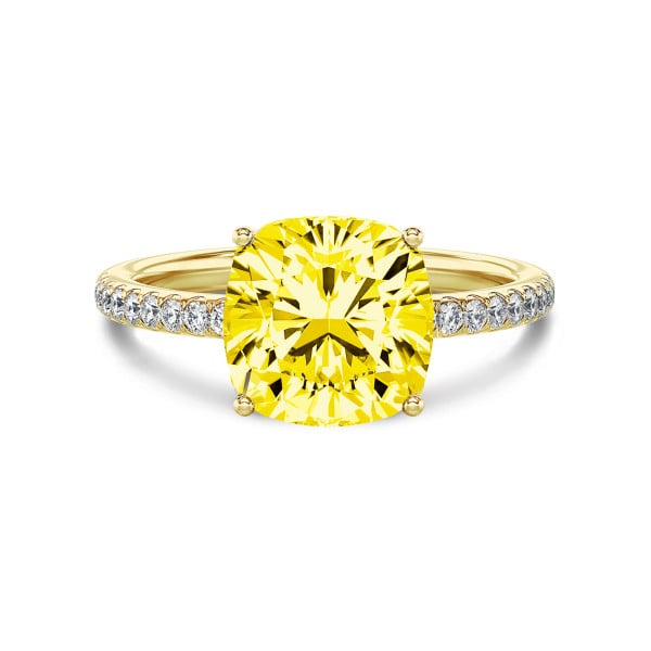 Ringen - 3.00 karaat solitaire ring in geel goud met gele cushion diamant en zijdiamanten