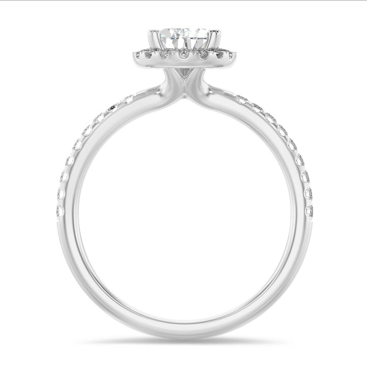 5.00 karaat halo solitaire ring met peervormige lab grown diamant in wit goud met ronde lab grown diamanten