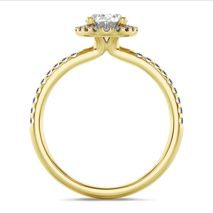 5.00 karaat halo solitaire ring met een ovale lab grown diamant in geel goud met ronde lab grown diamanten