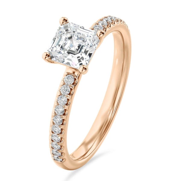 Ringen - 1.00 karaat solitaire ring met een asscher cut diamant in rood goud en zijdiamanten