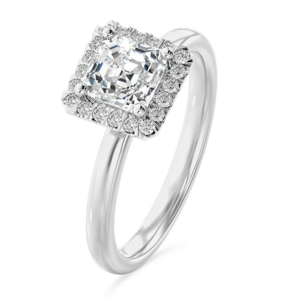 Verlovingsringen - 1.00 karaat halo solitaire ring met een asscher cut diamant in wit goud en ronde diamanten