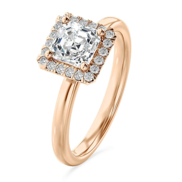 Ringen - 1.50 karaat halo solitaire ring met een lab grown asscher cut diamant in rood goud en ronde lab grown diamanten