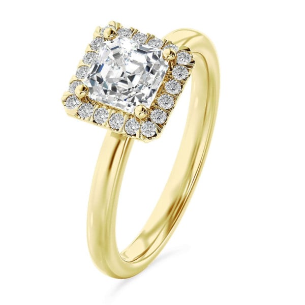 Search all PLP - 3.00 karaat halo solitaire ring met een lab grown asscher cut diamant in geel goud en ronde lab grown diamanten