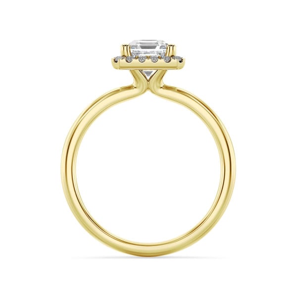 Search all PLP - 3.00 karaat halo solitaire ring met een lab grown asscher cut diamant in geel goud en ronde lab grown diamanten