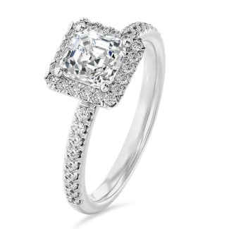 2.00 karaat halo solitaire ring met een asscher cut diamant in wit goud en ronde diamanten
