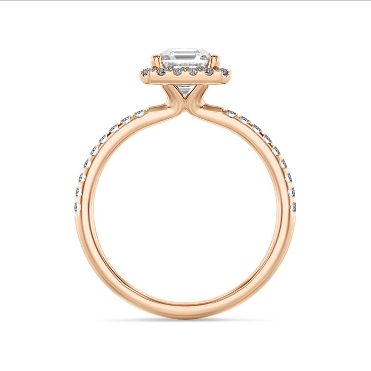 1.20 karaat halo solitaire ring met een lab grown asscher cut diamant in rood goud en ronde lab grown diamanten