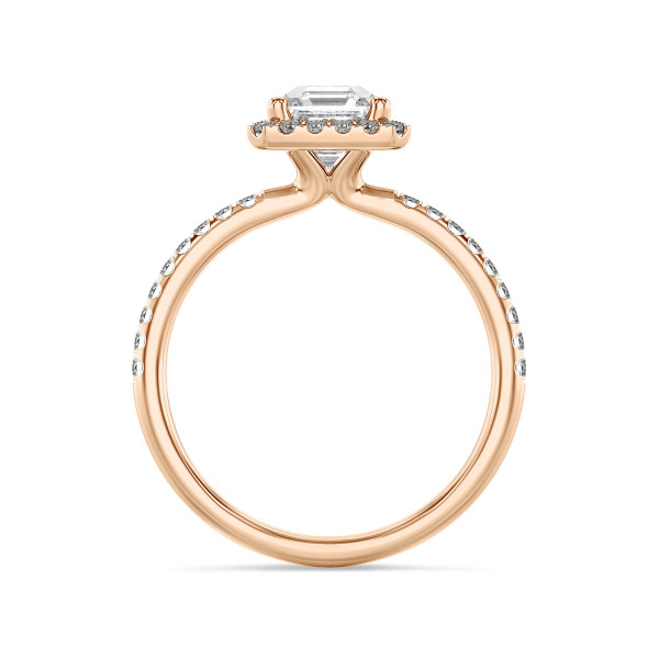 Ringen - 3.00 karaat halo solitaire ring met een lab grown asscher cut diamant in rood goud en ronde lab grown diamanten