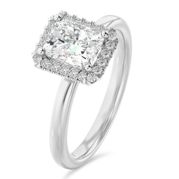 3.00 karaat halo solitaire ring met een lab grown radiant cut diamant in wit goud en ronde lab grown diamanten
