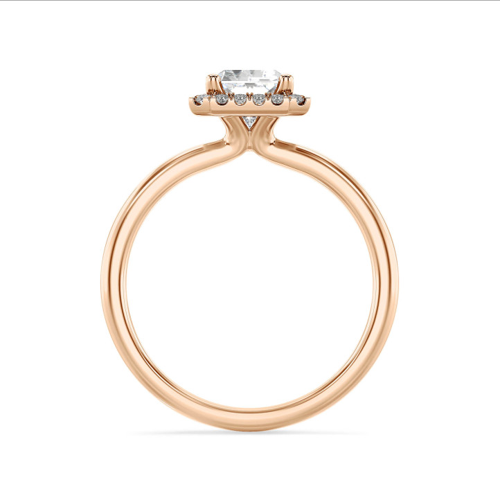 3.00 karaat halo solitaire ring met een lab grown radiant cut diamant in rood goud en ronde lab grown diamanten