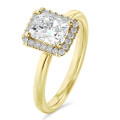 1.20 karaat halo solitaire ring met een lab grown radiant cut diamant in geel goud en ronde lab grown diamanten